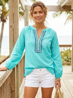 Lilly Pulitzer Popover Shirt Womens XS Aqua Blue Cotton Embroidered‎ Tropical